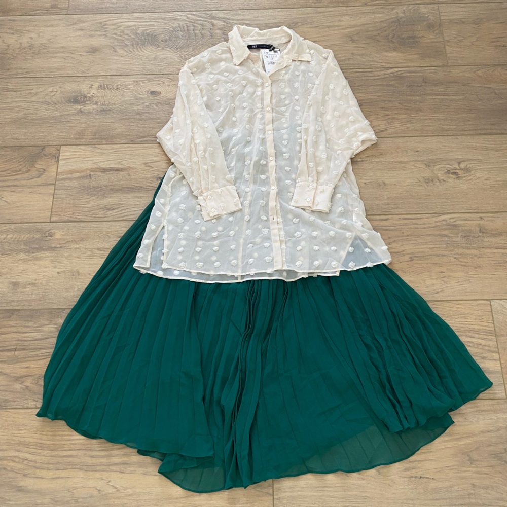 A set of Zara cream shirt + pleated pants